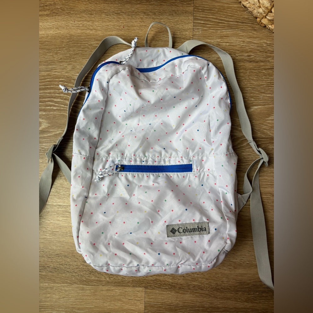 Columbia White Backpack with Blue and Pink Accents